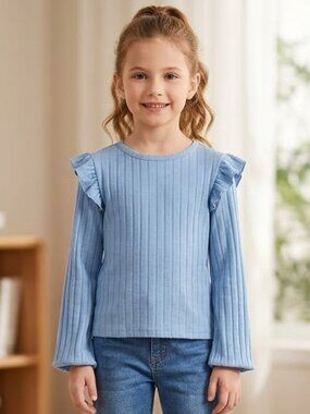 NEW Evsie Long Sleeve Ribbed Ruffled Shoulder Peplum Top Shirt Blouse Solid XS